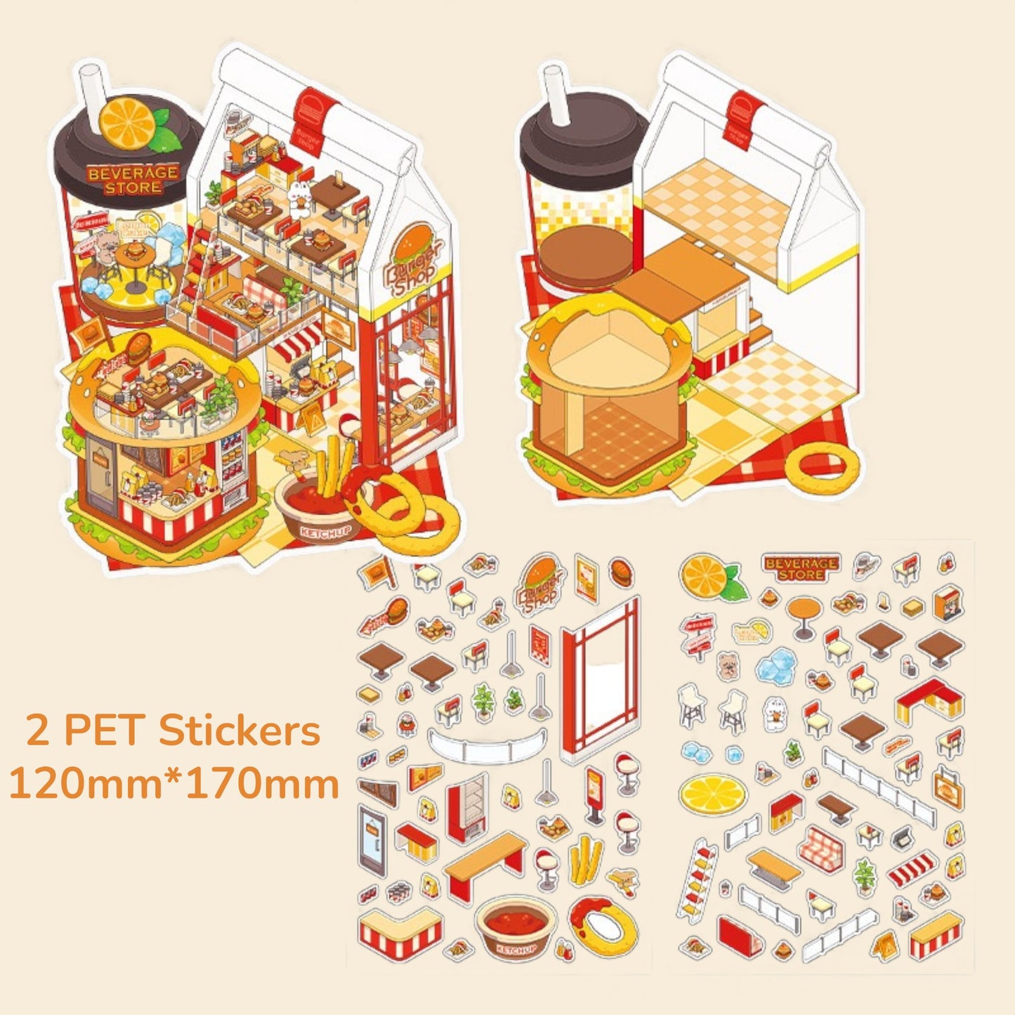 Restaurant & Dessert Store Series DIY 3D Scene Sticker - 3 Scenes