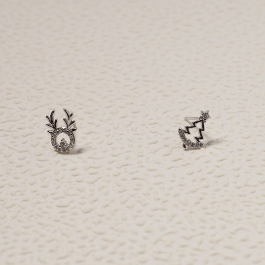 Sterling Silver Reindeer & Christmas Tree Stud Earrings