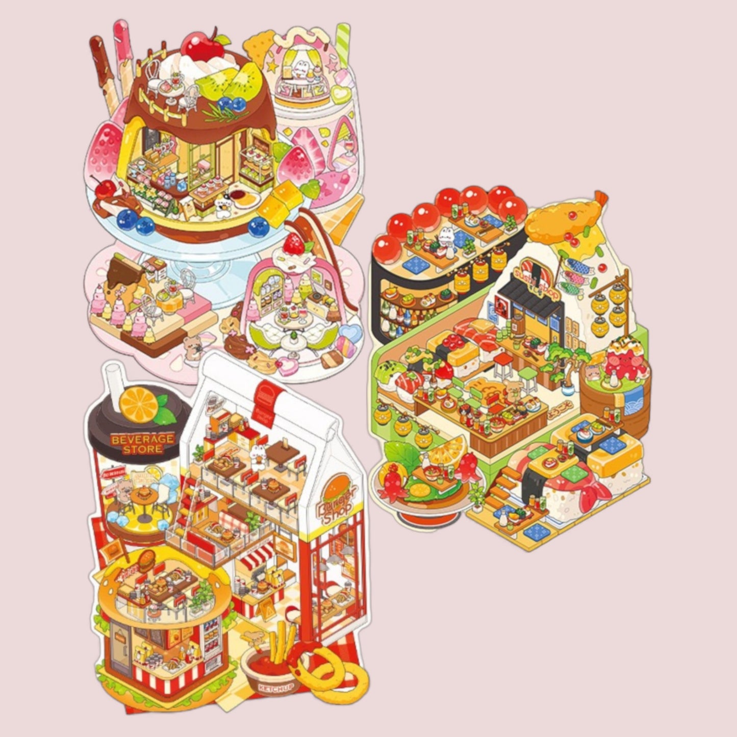 Restaurant & Dessert Store Series DIY 3D Scene Sticker - 3 Scenes