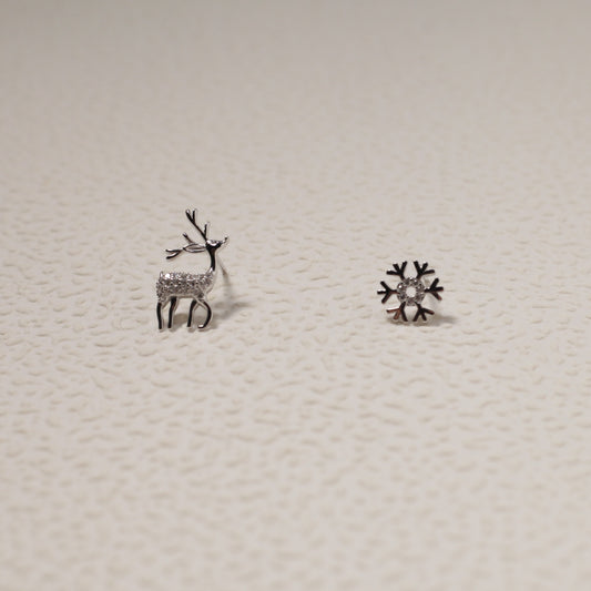 Sterling Silver Christmas Reindeer & Snowflake Stud Earrings
