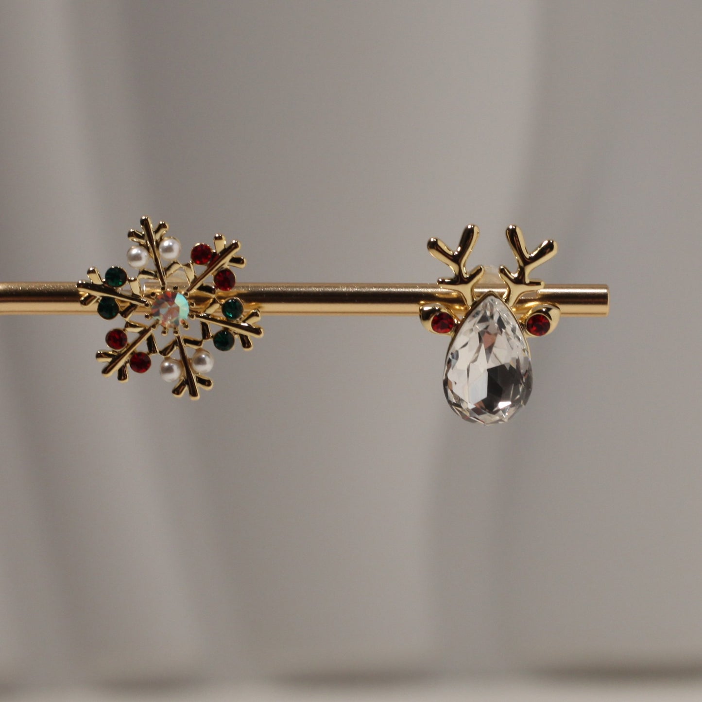 Gold Tone Alloy Reindeer & Christmas Tree Stud Earrings
